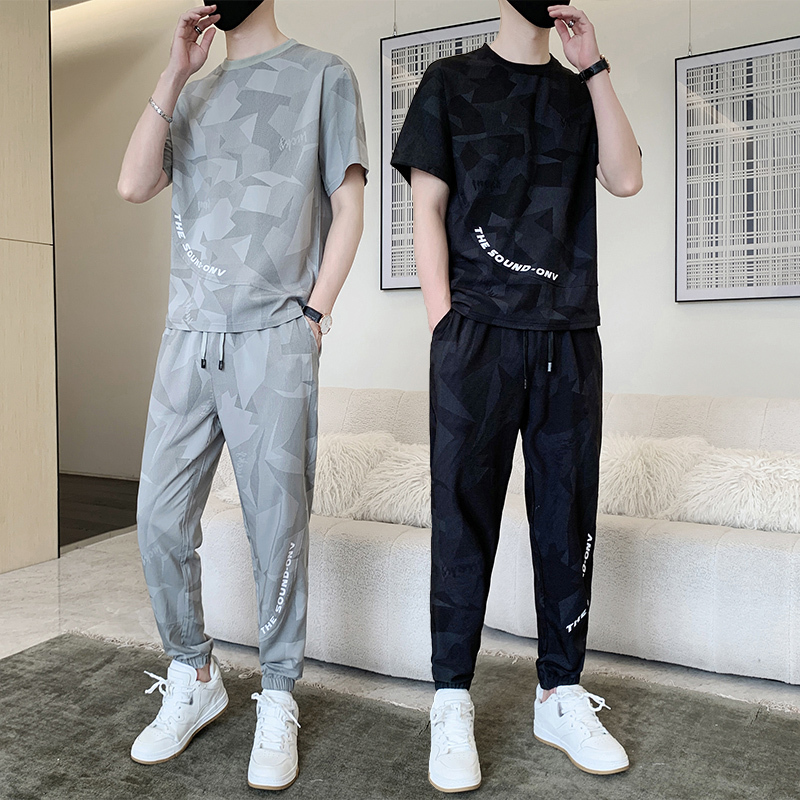 Men's Short-Sleeved T-Shirt Sports Suit, Ice Silk Summer Stretchy Long Pants, Camouflage Matching Set with Shorts, Two-Piece Set