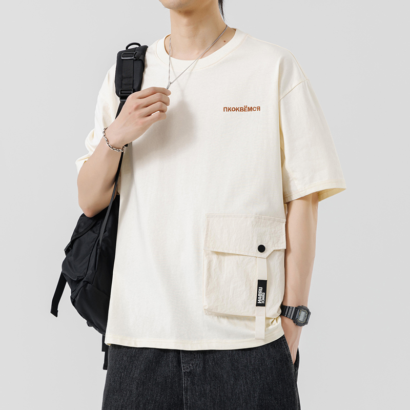 Men's Short-Sleeve T-Shirt with Round Neck, Embroidery, Loose Fit, Large Pockets, Casual Trendy Brand, New Sports Style, Half-Sleeve