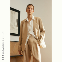 ROOMCARDS camel coarse woven linen V-neck retro simple loose suit 2021