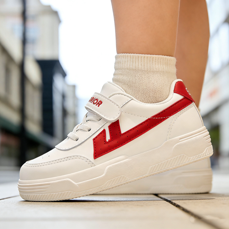 Elementary School Students' Sports Shoes, White with Red Trim, Waterproof Leather School Shoes, Pure White Performance Sneakers, Children's Shoes