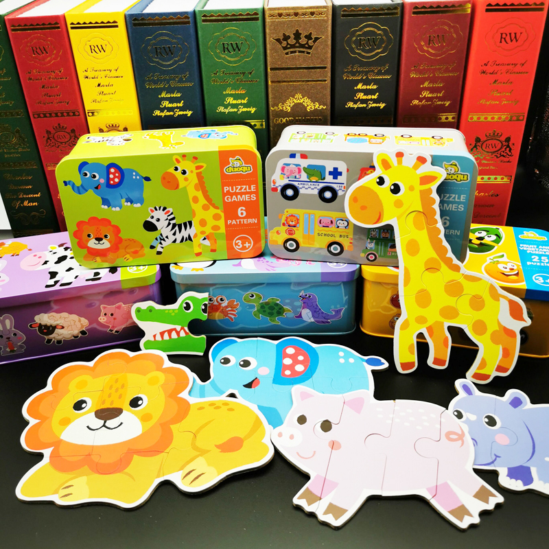 Baby iron box jigsaw puzzle board cartoon cognitive learning cards 1-2-3-4 years old children early education educational toys