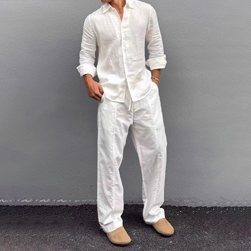 Light Luxury White Old-Money Style Linen Shirt Set for Men, Spring and Autumn Drapey Lyocell Tencel Pants Complete Set