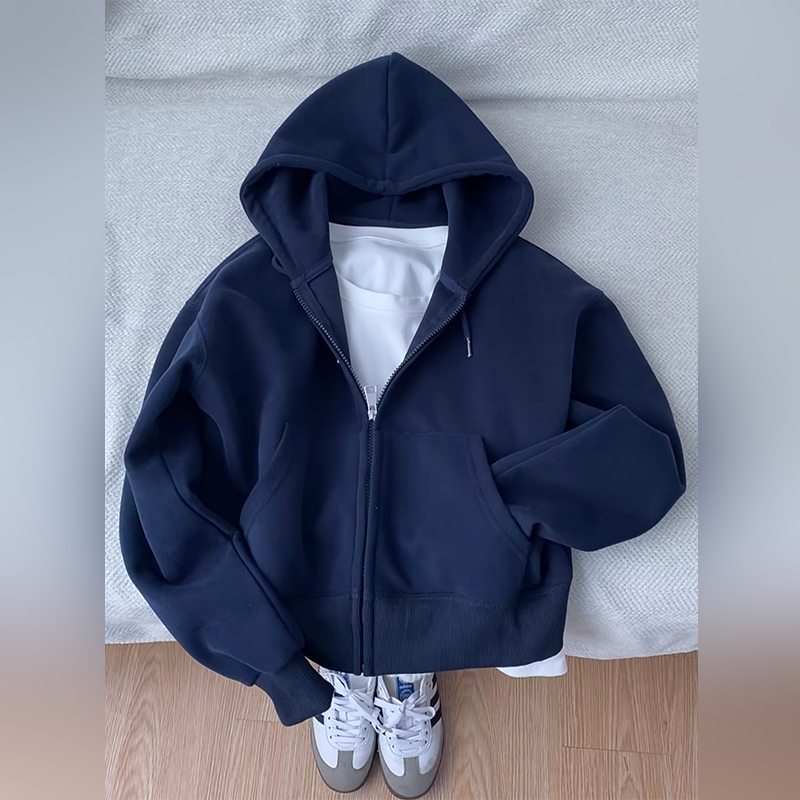Light Luxury Navy Blue Zip-Up Sweatshirt for Men, 2026 Spring and Autumn Heavyweight Hooded Cardigan Jacket, American Style Couple Hoodie
