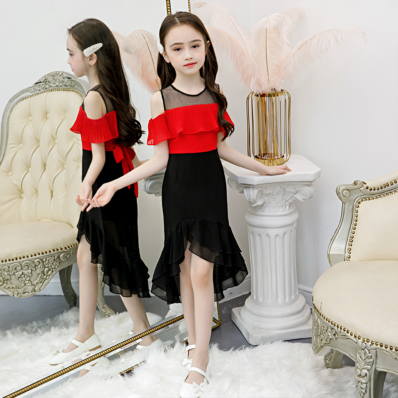 Girl's dress with dress like a shoulder summer foreign pistachio dress summer dress princess dresses child fish tail dresses with skirts summer-Taobao