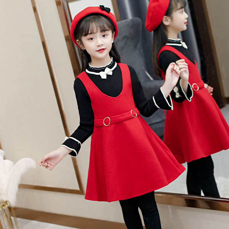 Girls Dress New Year Dress Spring and Autumn Princess Children's Clothing Children's Red Sweater dress Sundress Western style Spring dress