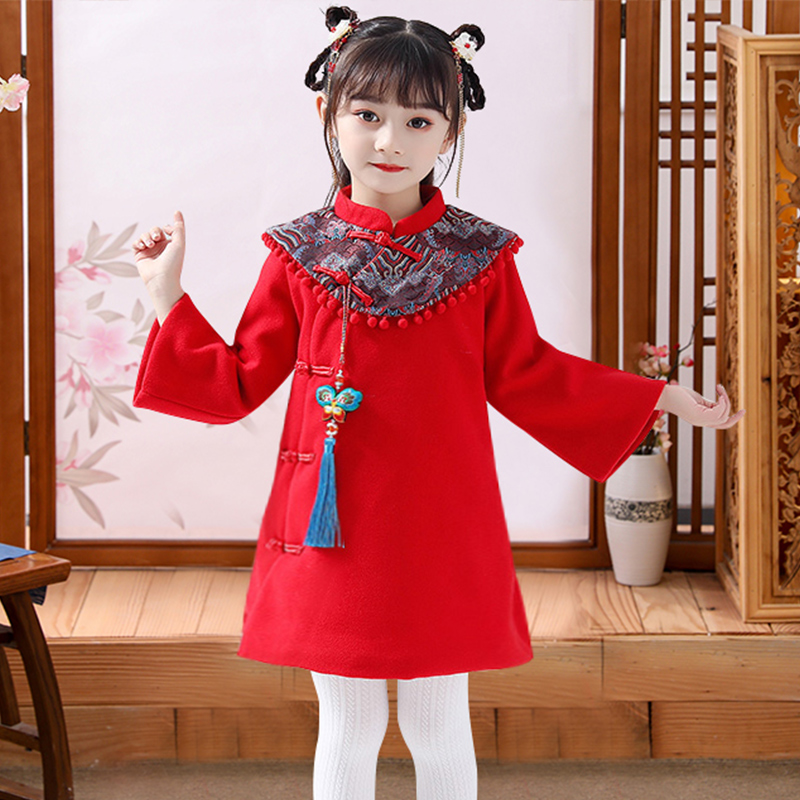 Girls ' coat 2021 autumn and winter new Tang clothing Cheongsam children's clothing wool medium and long children's coat foreign style
