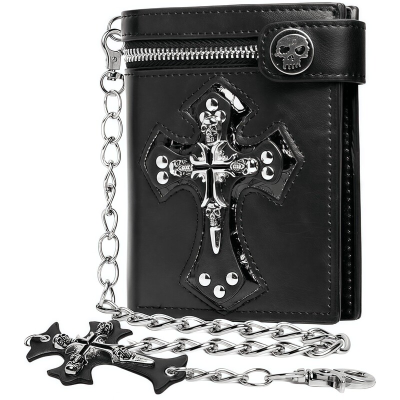 Cross Chain Leather Wallet Punk Skull Dark Gothic Bi-Fold Wallet Retro Card Holder Waist Chain for Men and Women Cross Chain Leather Wallet Punk Skull Dark Gothic Bi-Fold Wallet Retro Card Holder Waist Chain for Men and Women