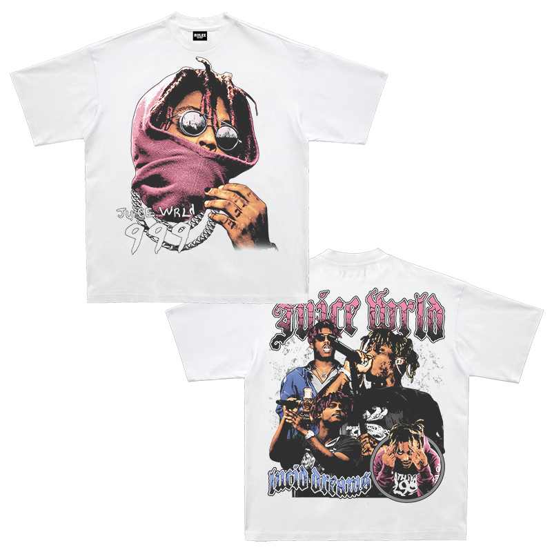 Juice Wrld Vintage Juice Retro Portrait Summer Short Sleeve American T-Shirt Loose Hip-Hop Rap