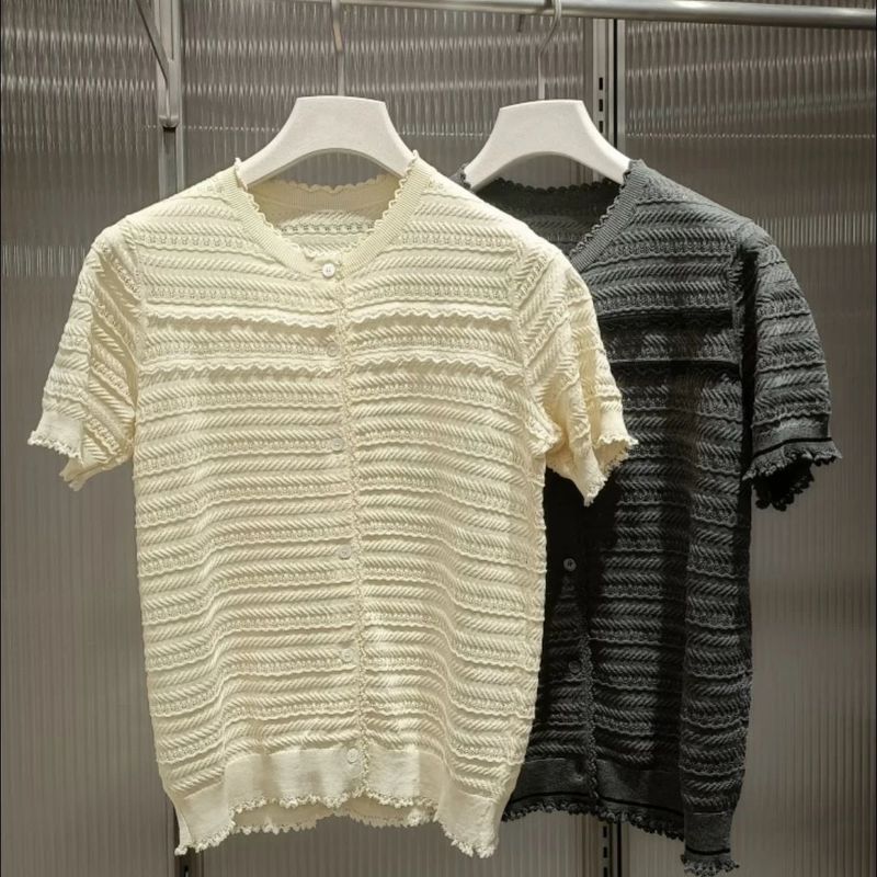 [Same Style in Shopping Malls] Jn2026 New Summer Style Knitted Cardigan Women's Short-Sleeved T-Shirt Round Neck Stripesd 5Q5312720