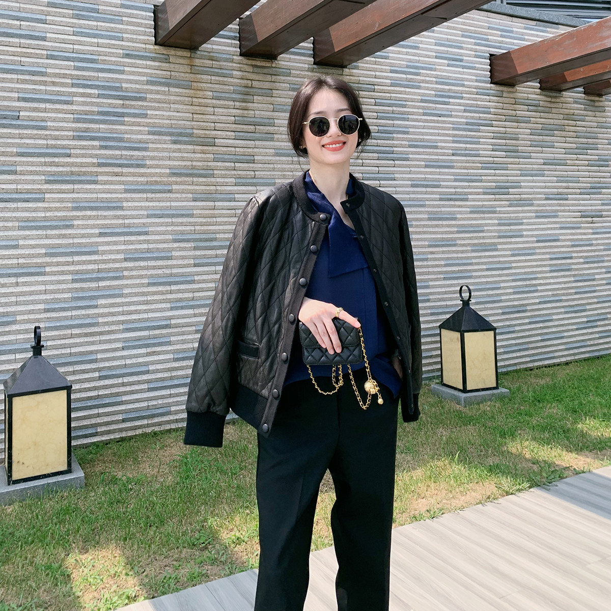 LICKYSENIOR imported delicate sheepskin DUJIA padded Lingge leather jacket female real leather jacket