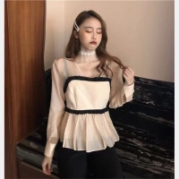 Đầm ren Joker One-Shoulder Top Áo sơ mi dài tay phương Tây Đầm cổ chữ V Hàn Quốc - Áo sơ mi chiffon ren mẫu áo công sở đẹp