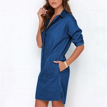 Summer Irregular shirt dress Causal Women Denim Shirt D