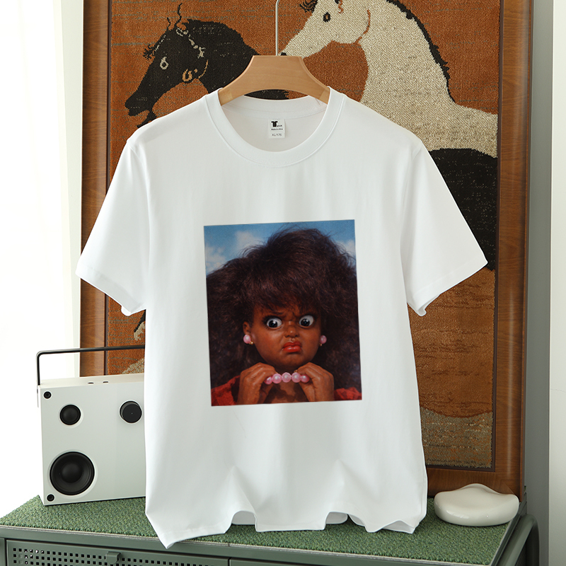 Plus-Size American Retro Barbie Head Digital Direct-Print Cotton T-Shirt, Quirky Doll Fun Short-Sleeve Top
