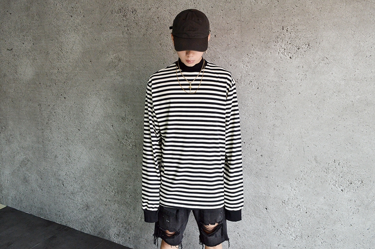 Châu Âu và Hoa Kỳ thương hiệu thủy triều đường phố cao OVERSIZE áo thun dài tay sọc rộng Justin Bieber với cùng một đoạn áo thun nam mùa thu áo thun thể thao nam