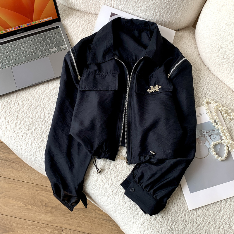 European-Style Lettered Lapel Zipper Fashion Drawstring Sun Protection Jacket Lightweight Short Coat for Women 2026 Summer Petite Jacket