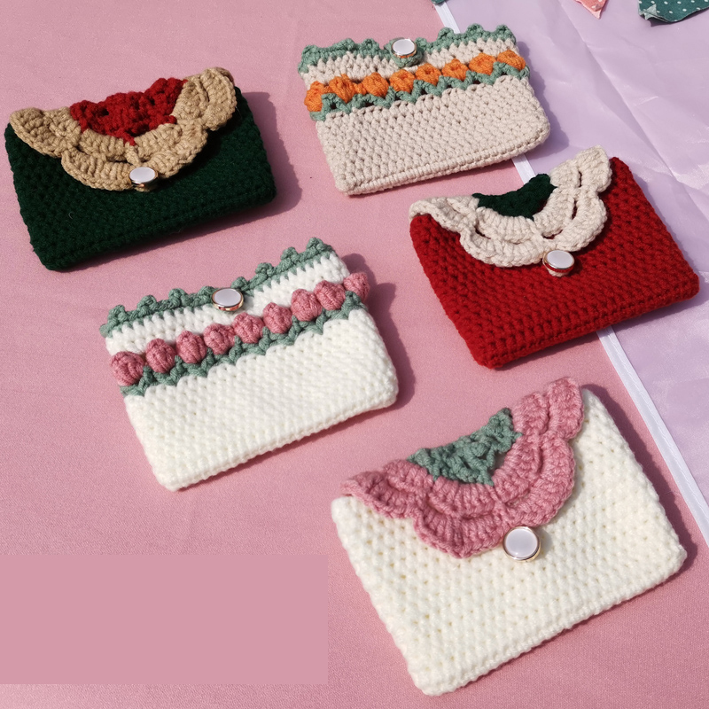 Tulip Coin Purse Card Holder Storage Flower Petal Yarn Handmade Crochet Material Kit Senma Handmade DIY