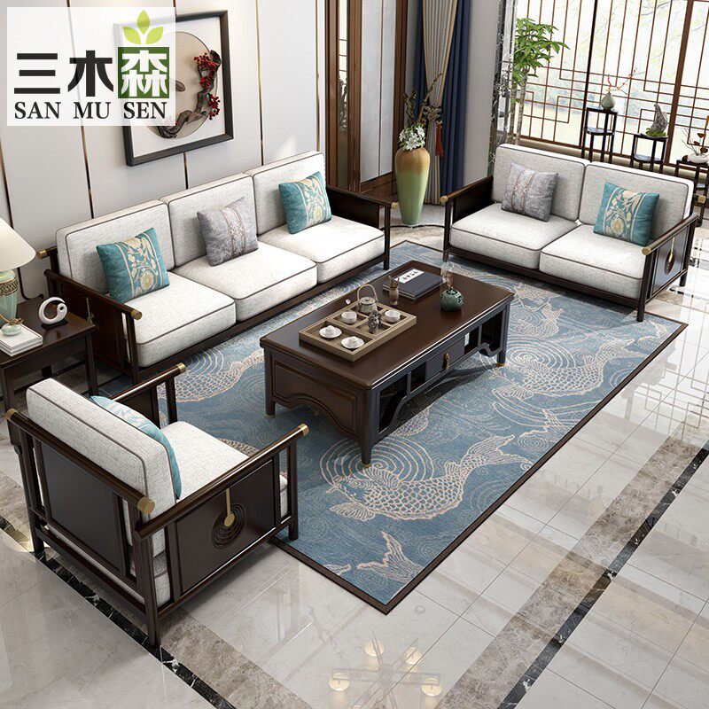 New Chinese-style solid wood sofa combination ebony club villa high-end light luxury Chinese style living room copper wood furniture