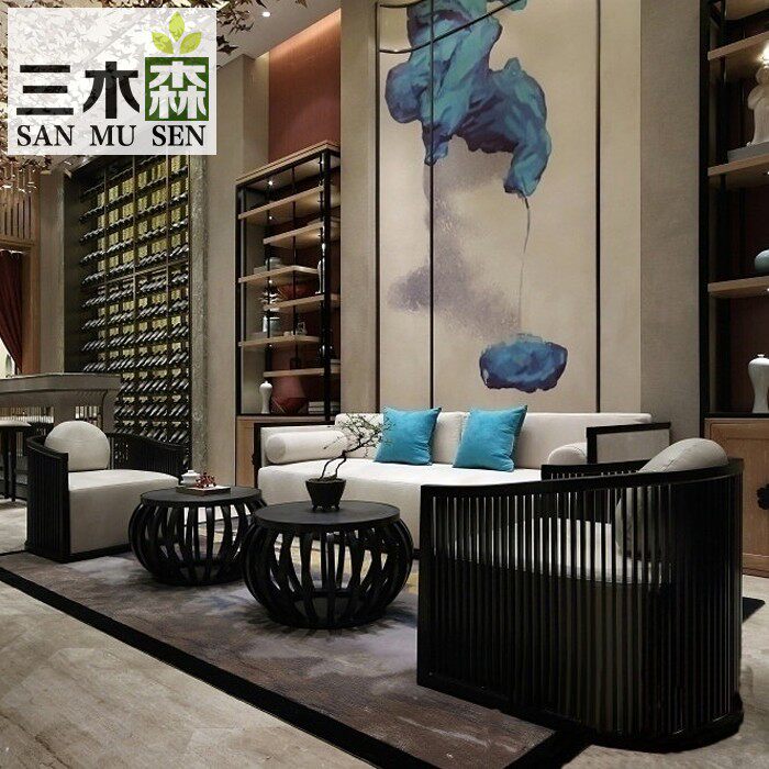 New Chinese sofa combination modern Chinese furniture solid wood Zen living room self-contained three sample house display center model room