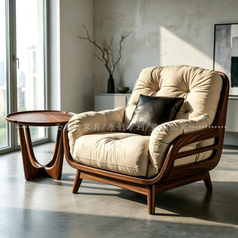 Song-Style Aesthetic Black Walnut Single Sofa Chair, Solid Wood Fabric Home Balcony Lazy Lounge Chair, Mid-Century Style Song-Style Aesthetic Black Walnut Single Sofa Chair, Solid Wood Fabric Home Balcony Lazy Lounge Chair, Mid-Century Style