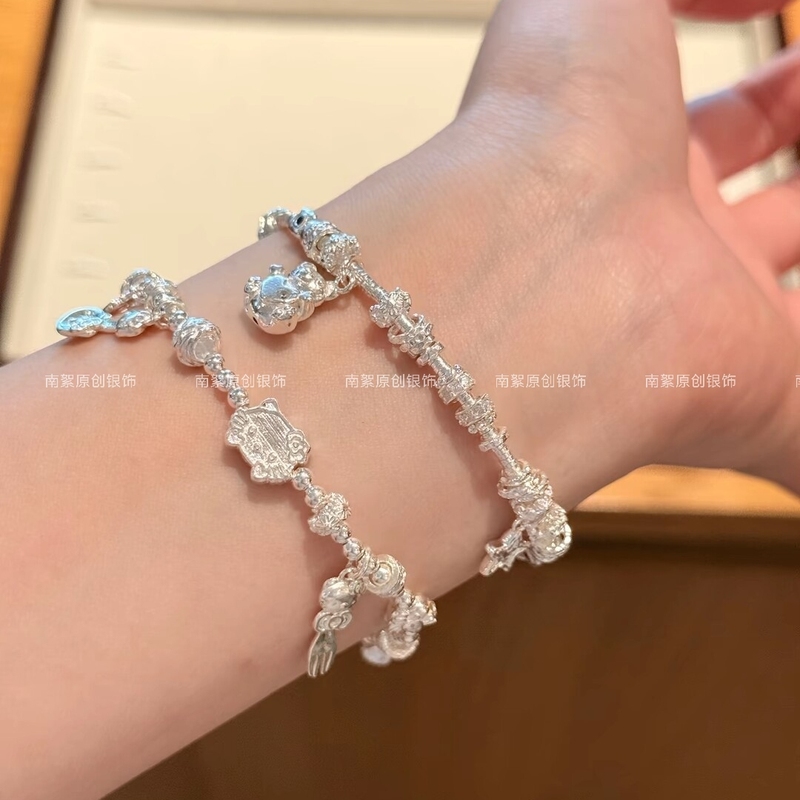 Pure Silver 999 Bear Hello Kitty Star Moon Sterling Silver Coiled Bracelet Stackable Bracelet Birthday Gift
