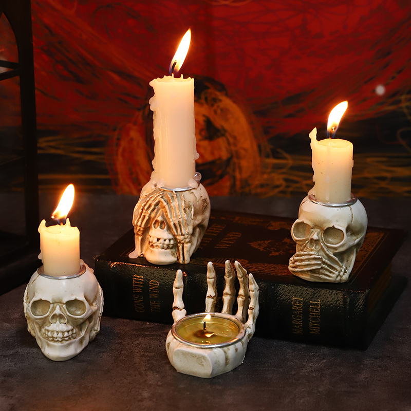 Halloween Atmosphere Candle Holder Decorations, Scary Skeleton Hand, Skull Resin Candle Holder, Halloween Party Decorations