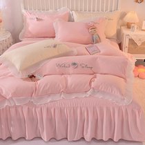 Korean Chiffon lace four-piece bed skirt Summer princess Feng Shui wash cotton fitted sheet ins Girl heart quilt cover 3 pieces