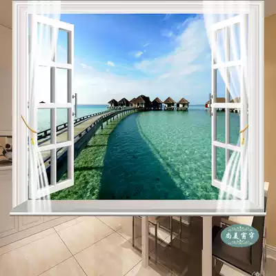 Customized 3D Sea View fake window pattern curtain roller blind painting bedroom living room shade semi-shading bead lifting scroll