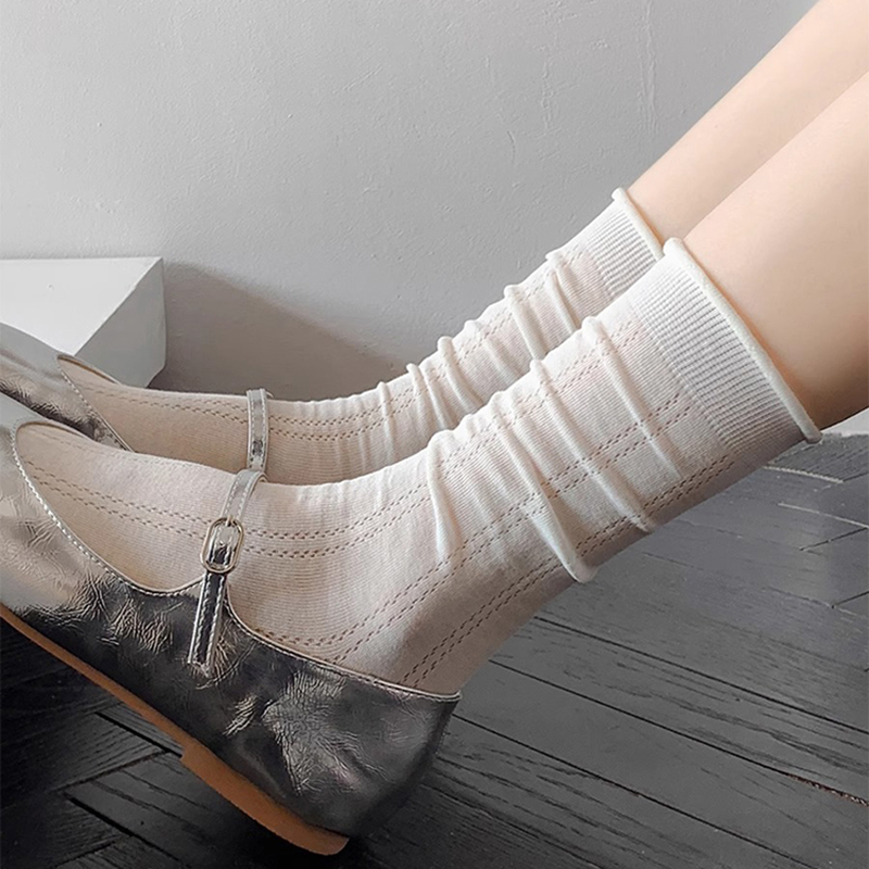 4 Pairs of Ballet-Style White Socks for Women, Suitable for Wearing with Small Leather Shoes, Mid-Calf Socks, Long Socks, Thin Summer Style, Loafers, Slouch Socks