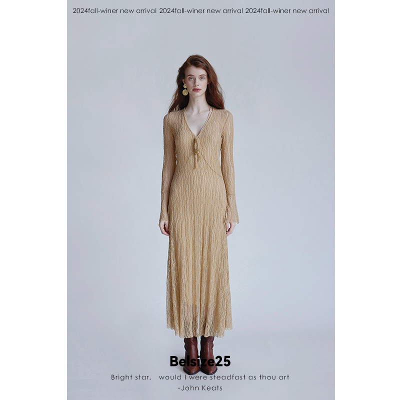 Zhang Yaqin's Same Style Trumpet Dress Flared Sleeve Knitted Lace Sheer Lace-Up Dress