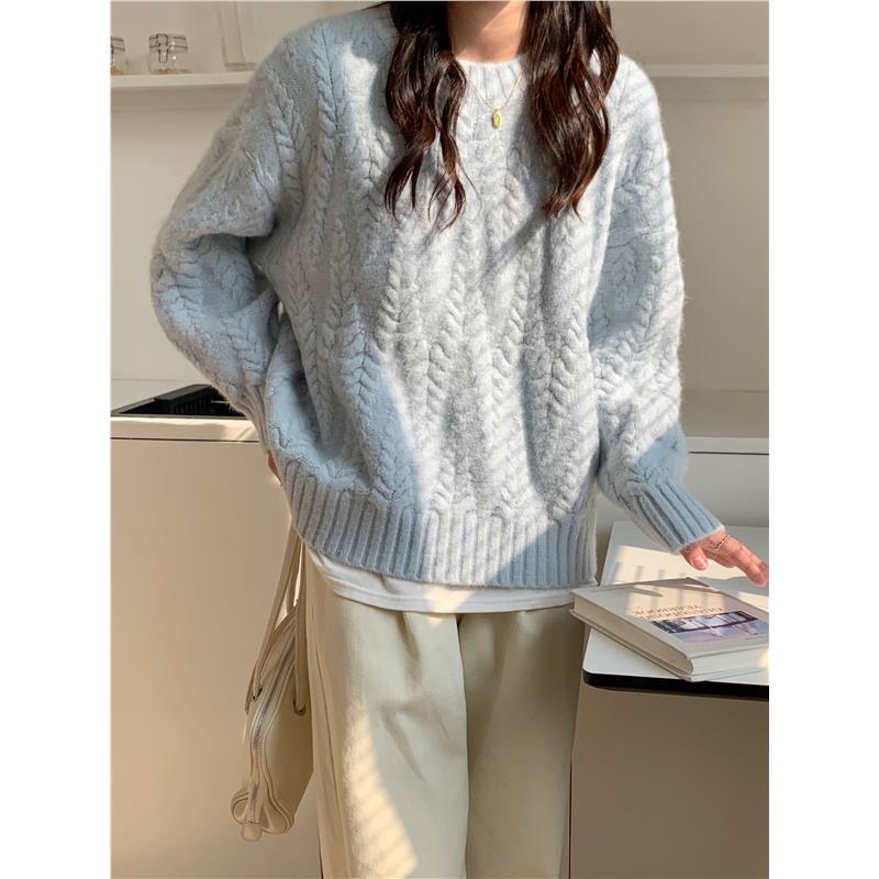 French Rouje Dsyle Milk Blue Wheat Ear Pattern Pullover Sweater for Women, Autumn and Winter Thickened Loose Cable Knit Top