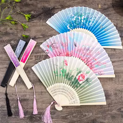 Folding fan Chinese style classical dance fan women's folding fan costume children's Hanfu fan tassel ancient wind small bamboo fan