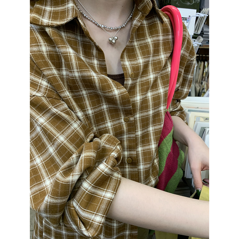 HelloooEat ретро универсальная рубашка в желтую клетку ранняя весна корейский стиль свободная повседневная стройнящая куртка на пуговицах