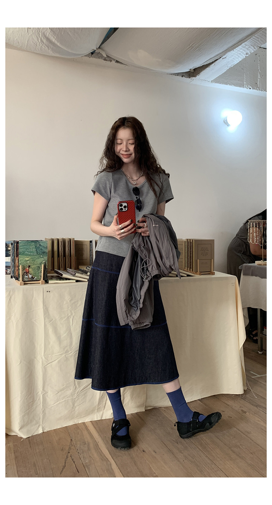 HelloooEat льняная юбка А-силуэта с контрастной отделкой джинсового цвета в винтажном стиле