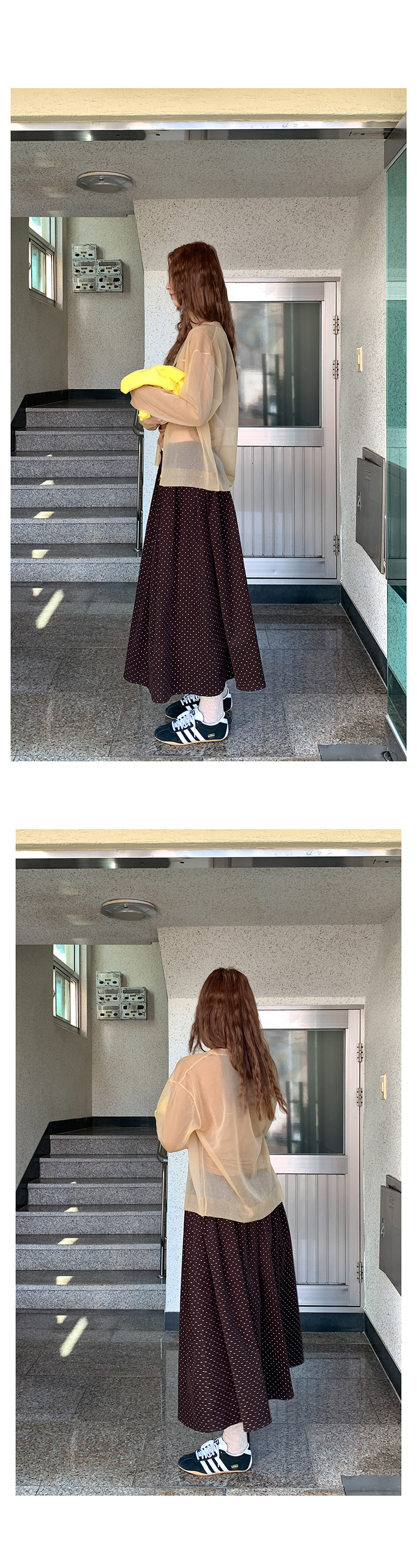 HelloooEat японская винтажная юбка в горошек осенняя коричневая универсальная стройнящая А-силуэта средней длины