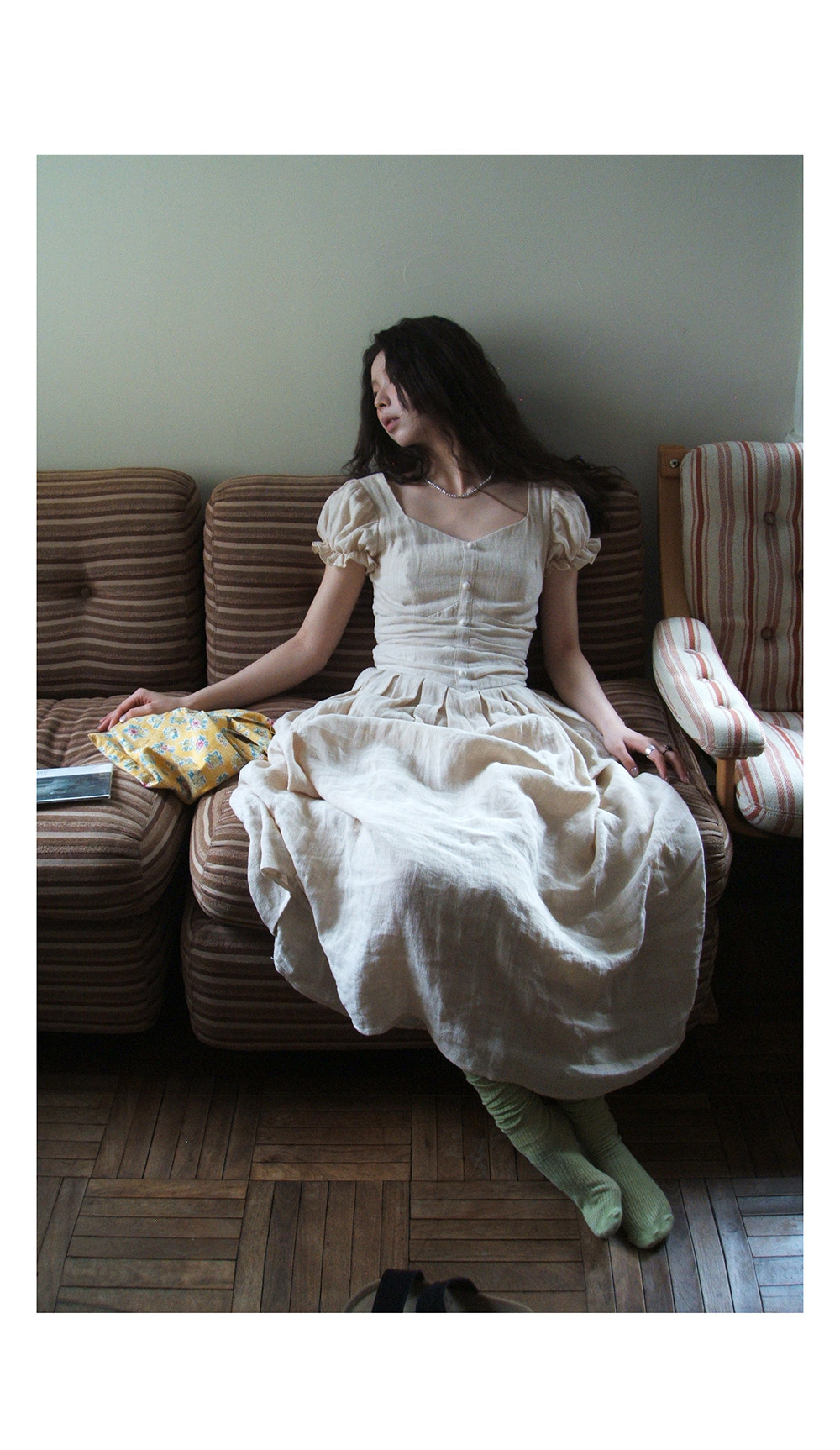 Hellooo Eat 100%亚麻气质吊带连衣裙2025夏季法式复古短袖中长裙