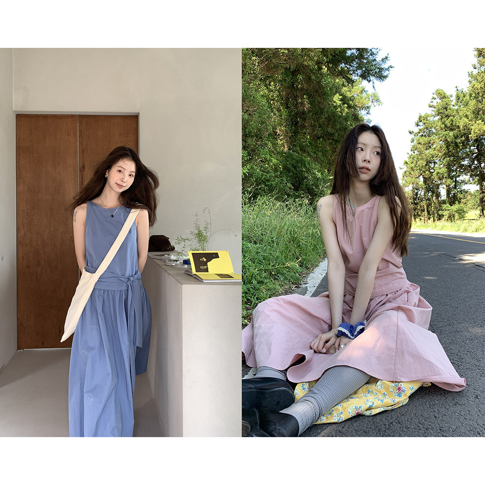 Hellooo Eat весенне-летнее новое платье без рукавов с круглым вырезом корейского стиля приталенное стройнящее сарафан средней длины