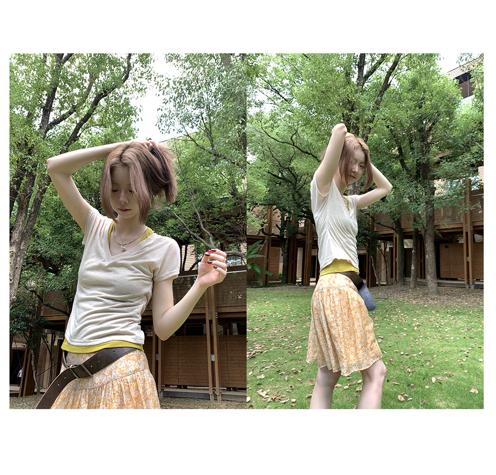 Hellooo Eat эластичная приталенная футболка с V-образным вырезом из полиэстера и льна