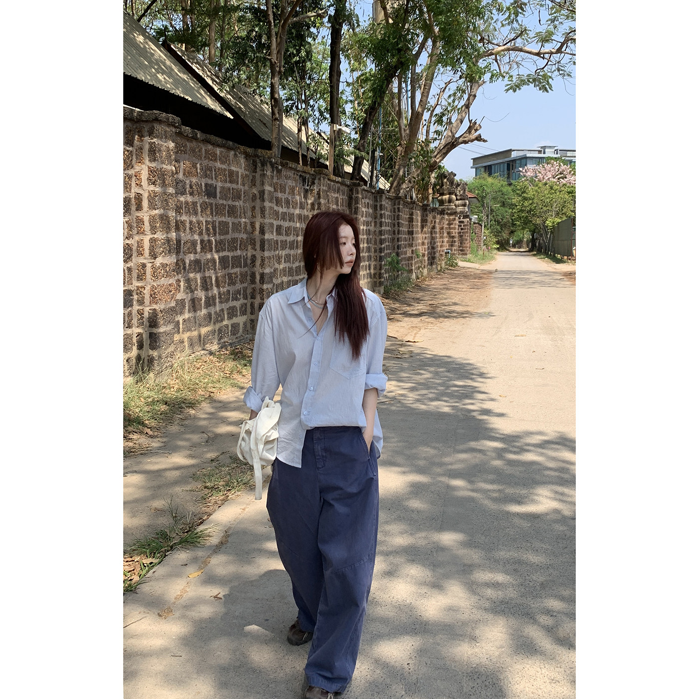 HelloooEat хлопковая легкая светло-голубая полосатая рубашка корейского стиля свободного кроя повседневная однобортная с длинными рукавами женская