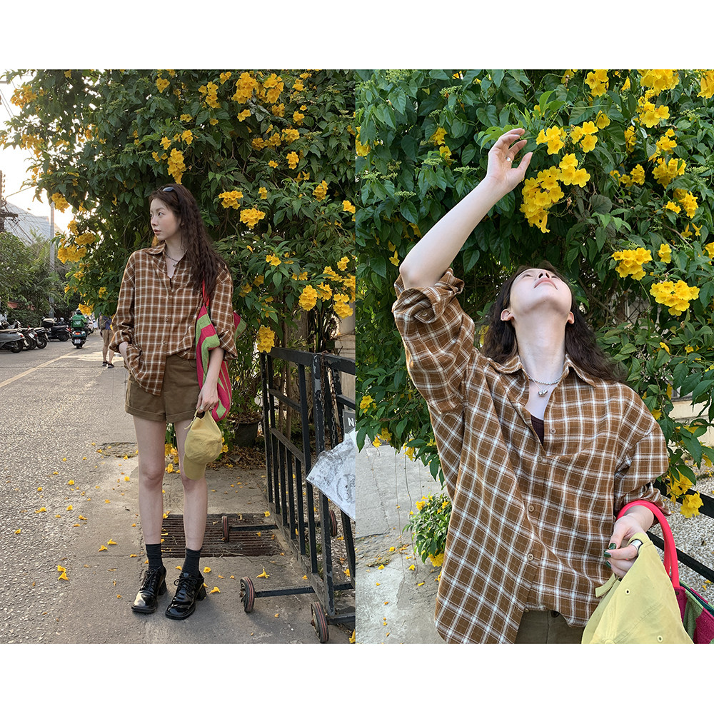 HelloooEat ретро универсальная рубашка в желтую клетку ранняя весна корейский стиль свободная повседневная стройнящая куртка на пуговицах