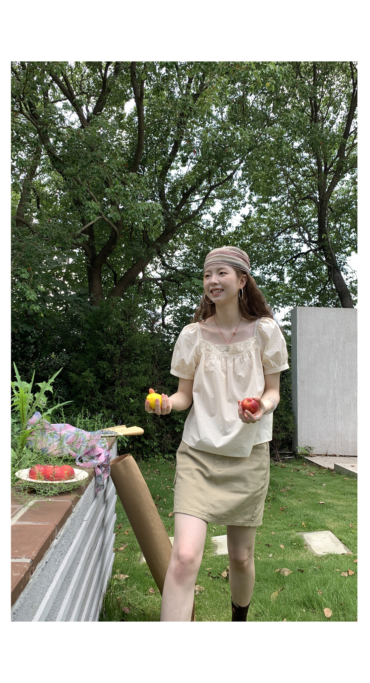 helloooeat 길다 플러시 면 프랑스식 살구 색상 광장 칼라 레이스 반팔 셔츠 문예 연령 감소 맨위 상세 이미지 11