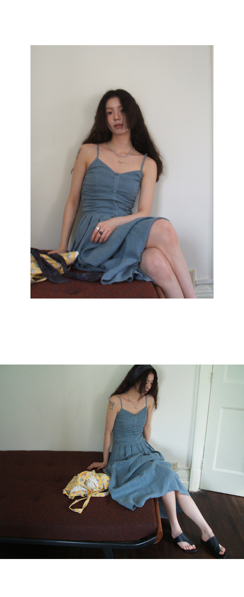 Hellooo Eat 100%亚麻气质吊带连衣裙2025夏季法式复古短袖中长裙