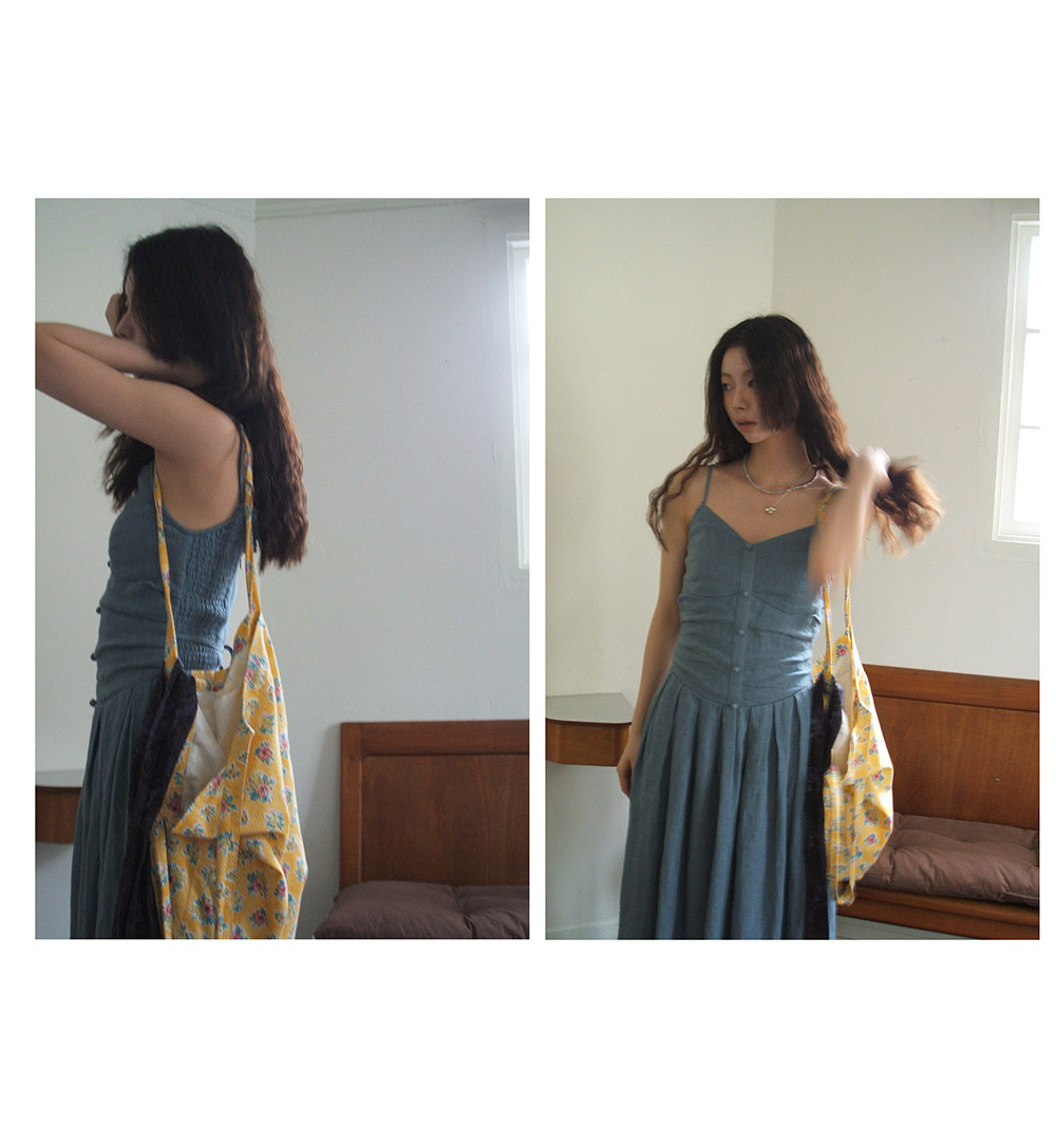 Hellooo Eat 100%亚麻气质吊带连衣裙2025夏季法式复古短袖中长裙