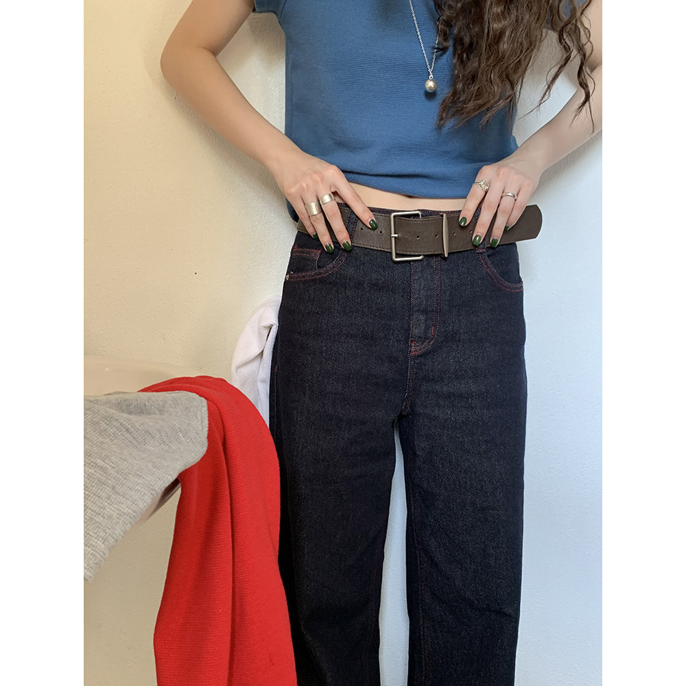 HelloooEat винтажные джинсы с контрастной строчкой натурального цвета ранняя весна женские универсальные стройнящие эластичные прямые повседневные брюки