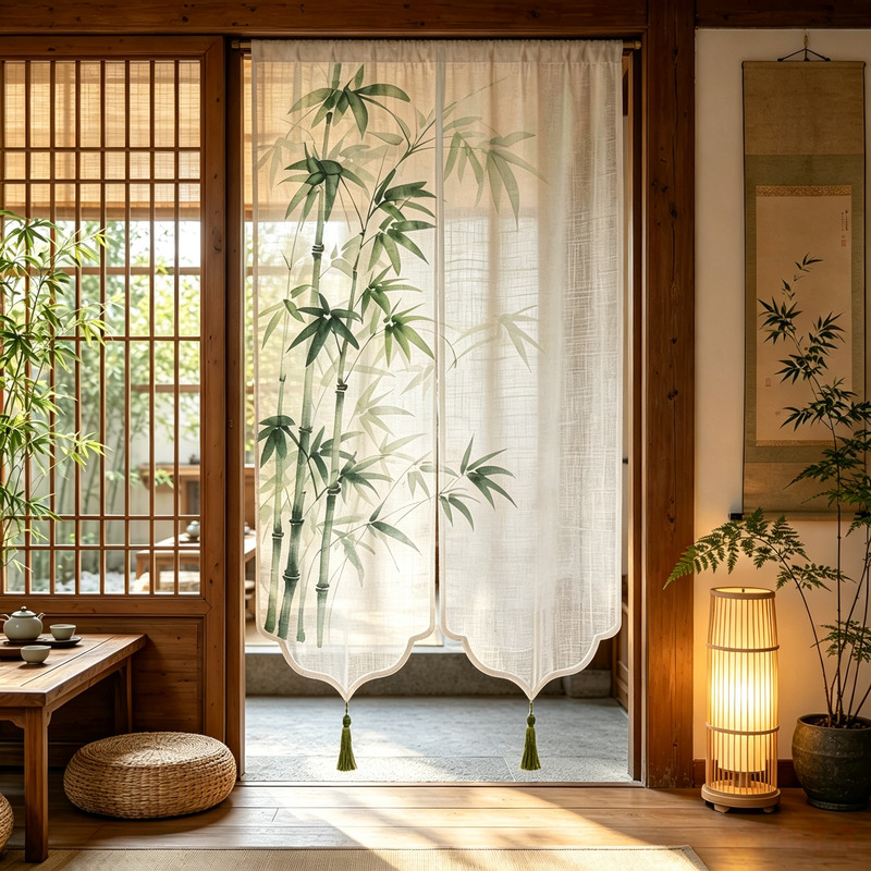 Door Curtain Partition Curtain Semi-Transparent Chinese-Style Bedroom Entrance Tea Room Privacy Screen Decorative Curtain Cloud-Like Gauze Bamboo Elegance