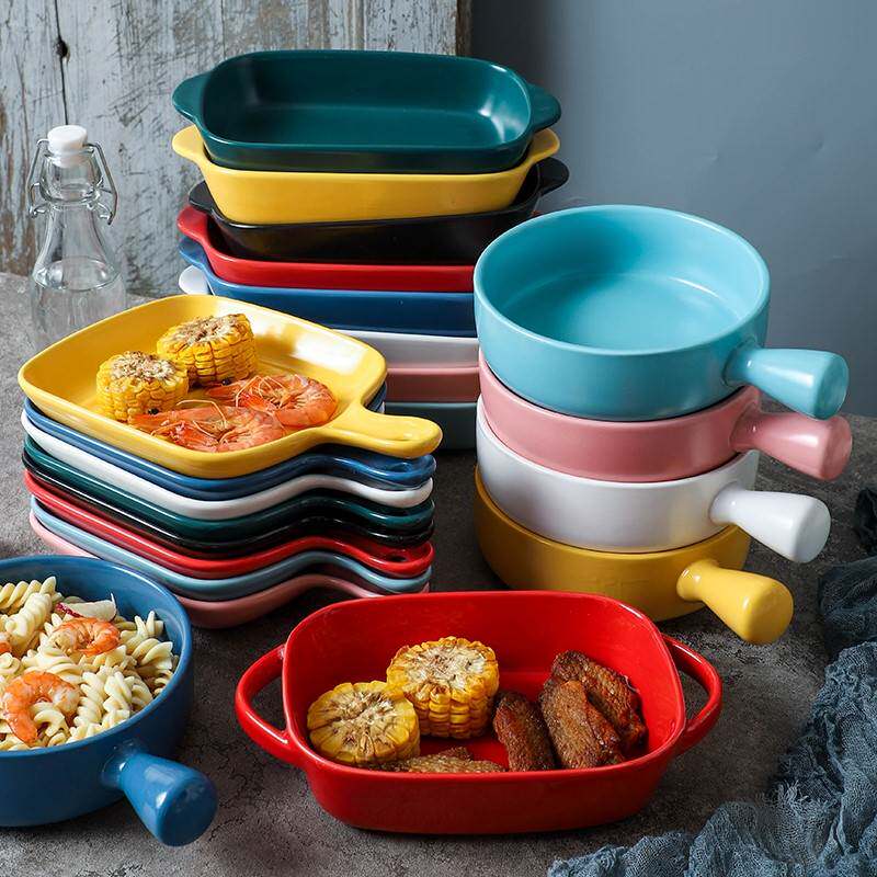 Oven special utensil cheeses Baking Rice Baking Pan Dishes Home Baking Creative Ceramics Baking Nordic Mesh Red Double Ears