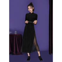 Summer long-sleeved modified cheongsam girly temperament Chinese style young thin black corduroy dress long section