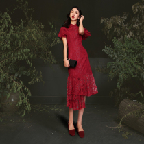 Toast dress Cheongsam burgundy red summer modified Chinese style bride wedding back door small dress female fishtail dress
