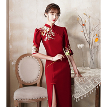 Toast dress bride 2021 new summer red cheongsam temperament wedding Chinese style long-sleeved medium-length dress skirt woman