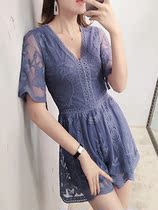 2022 summer new net red hollow sexy V-neck jumpsuit womens temperament lace jumpsuit womens shorts