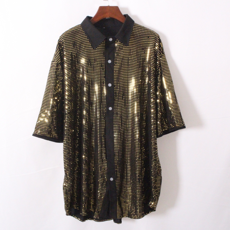 Men's Gold Sequin Short-Sleeve Shirt with a Turn-Down Collar, Loose Fit, Stage Performance Outfit, Shiny Oversized Shirt Top Men's Gold Sequin Short-Sleeve Shirt with a Turn-Down Collar, Loose Fit, Stage Performance Outfit, Shiny Oversized Shirt Top